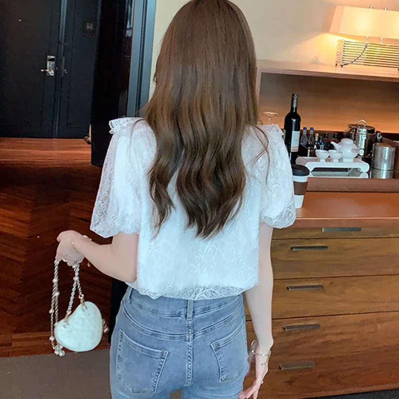 Vintage Lace Blouses Women Summer 2026 Elegant Fashion Casual Puff Sleeve Ladies Tops Korean Style Slim Y2k Chiffon Shirts - Image 6