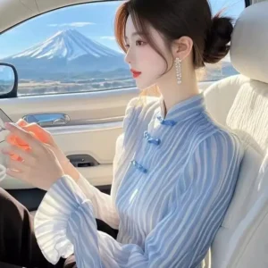 New Chinese Style Blue Striped Mandarin Collar Shirt Summer Women's Unique Tang Dynasty Style Button Up Top