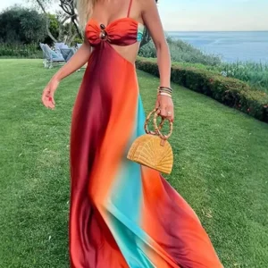 Sexy Gradient Hollow Out Maxi Dress Women Backless Sleeveless Sling Long Dresses 2025 Summer Vacation Boho Beach Satin Robes