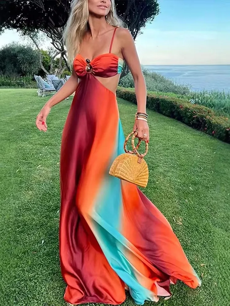 Sexy Gradient Hollow Out Maxi Dress Women Backless Sleeveless Sling Long Dresses 2025 Summer Vacation Boho Beach Satin Robes