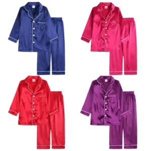 Spring Autumn Silky Pajamas for Boys Girls 2-14 Years Child 2pcs Long/Short Sleeve Shirt+Pant Suit Baby Satin Pyjamas Sleepwear