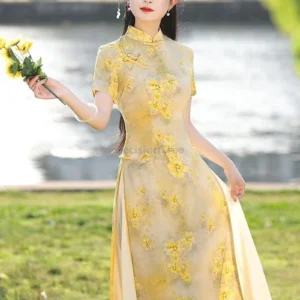 2025 sweet youth lively girls' daily vietnam ao dai qipao high end printed chinese improved qipao elegant literature art dress