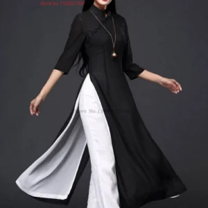2026 vietnam vintage ao dai dress chinese cheongsam chiffon dress+line pants set traditional banquet evening qipao folk dress