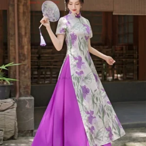 2026 vietnam traditional dress aodai national flower print cheongsam oriental improved a-line qipao banquet evening aodai dress