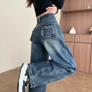 High Waist Loose Wide Leg Jeans Women Y2K Cotton Personalized Design Casual Straight Denim Fashion Tube Loose Plus Trousers