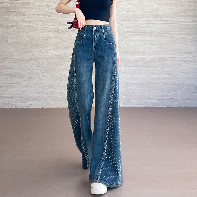 High Waist Wide Leg Jeans For Women Bell Bottom Pants Flared Pants Hotfix Rhinestone Patchwork Dragging Pants - Image 5