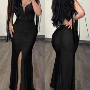 Elegant Evening Party Dresses for Women Sexy Contrast Sequin Ruched Slit Evening Dress 2023 New Fashion Casual Female Clothing