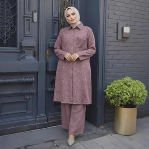Eid Women Long Top  Shirt Wide Leg Pant 2 Piece Set Muslim Print Blouse Jalabiya Ramadan Dubai Musulman Ensembles Arab Long