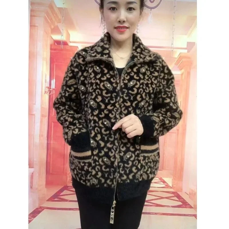 2026 New Middle Aged Elderly Imitation Mink Velvet Coat Women Fashion Leopard Print Knitted Cardigan Sweater Jacket Ladies Tops - Image 2