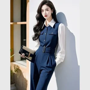 New Fashion Elegant Office Lady Jumpsuit Women High End Patchwork Lapel Long Sleeve Slim High Waist Pants Suit Spring Romper