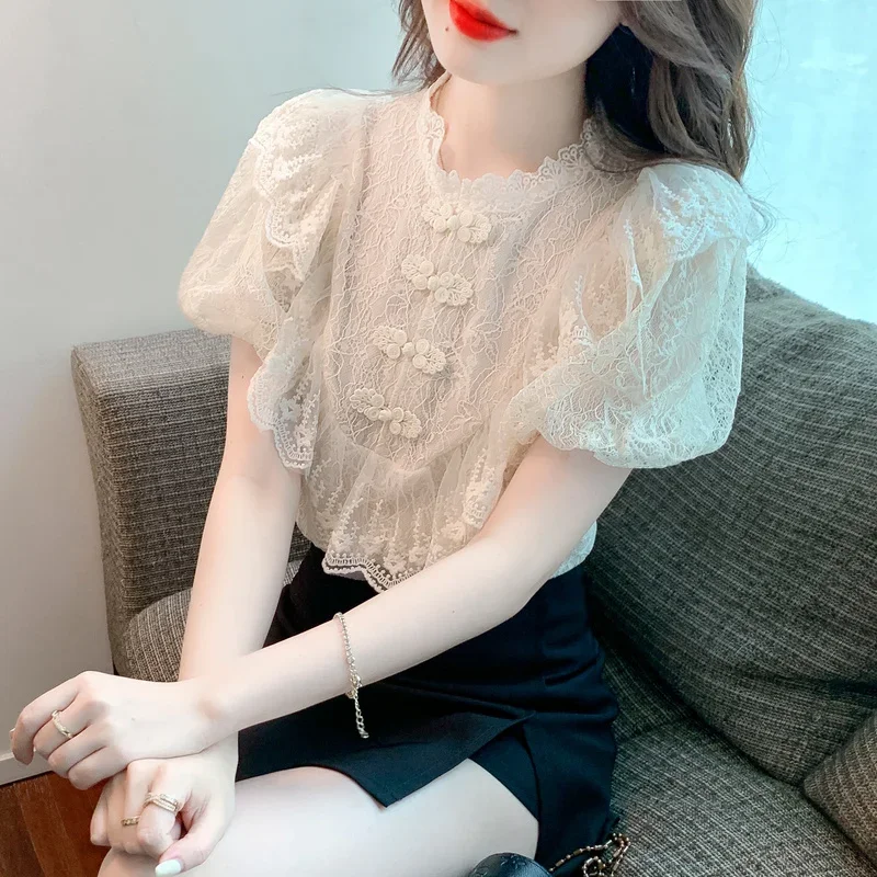 Vintage Lace Blouses Women Summer 2026 Elegant Fashion Casual Puff Sleeve Ladies Tops Korean Style Slim Y2k Chiffon Shirts - Image 7