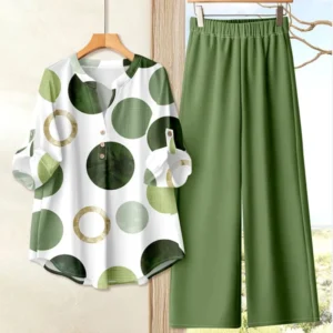 2025 Autumn Casual Women's Suit Fashionable Printed Long-sleeved Loose Top Paired With Solid Color Wide-leg Pants Two-piece Set