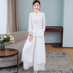 2026 chinese ethnic literature art embroidery tea garment loose comfortable yoga clothes vintage fairy elegant chiffon qipao set