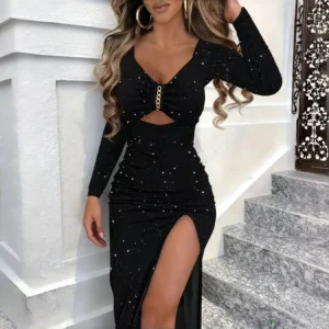Maxi Dress Spring Summer Women Black Long Sleeve Sweetheart Neck Glitter Cutout Ruched Bodycon Sexy Chic Date Party Dress