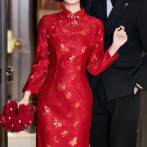Long Sleeve Improved Qipao Dress Bride Wedding Burgundy Dress Women Sexy Lace Butterfly Chesongam Chinese Banquet Vestidos