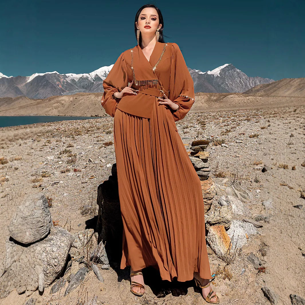 Fashion Women Diamonds Pleated Maxi Dress Lapel Abaya Dubai Kaftan Eid Ramadan Muslim Dresses Turkey Robe Femme Vestidos Caftan - Image 2