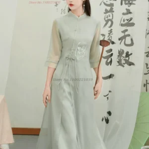 2026 vietnam vintage dress national flower embroidery chiffon qipao dress+pants set retro aodai elegant oriental banquet dress
