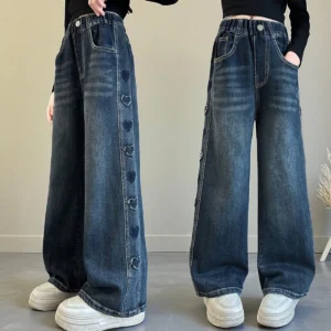 Girls Jeans for Kids Cargo Pants Girls Wide Leg Pants Heart Embroidery Outfits Girls Trousers Loose Children Clothes 6-13 Years