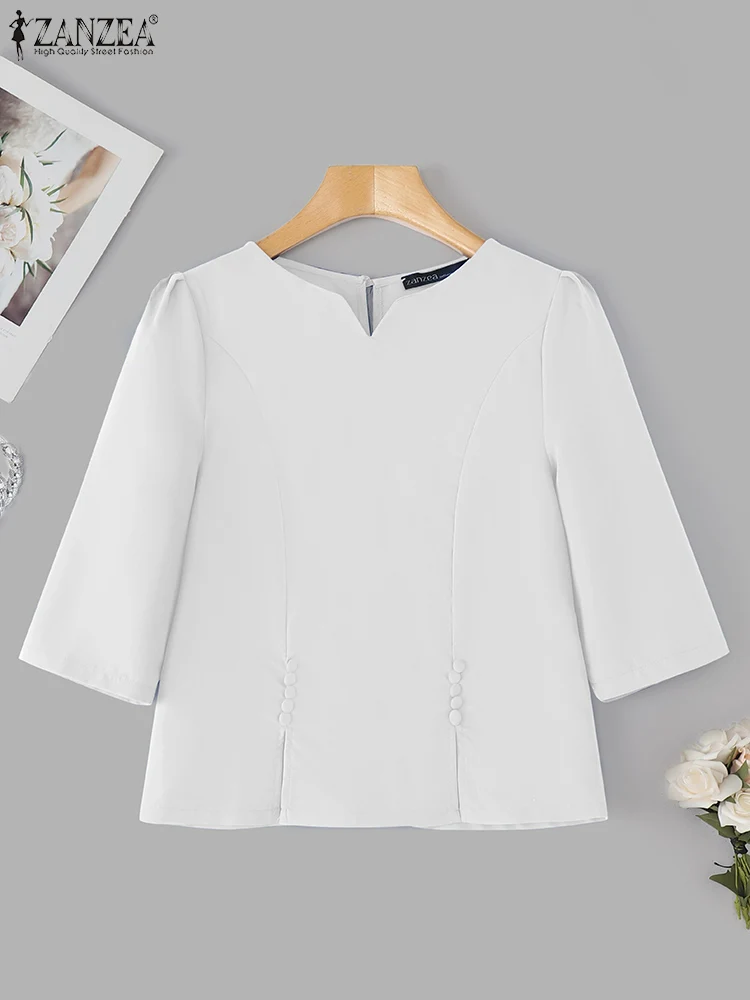 Vintage Blouse Women Spring 3/4 Sleeve Tops Fashion Work Pullovers Casual Loose V Neck Tunic Solid Buttons Blusas ZANZEA 2025 - Image 7