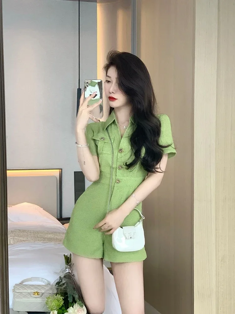 2025 Summer New Women Turn Down Collar Short Jumpsuits Female Solid Color Loose Shorts Ladies Short Sleeve Wide Leg Rompers P68 - Image 5