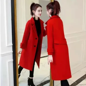 Women's Mid-Length Woolen Coat Loose Fit Slimming Autumn Winter New Style Polyester Fiber Pure Color Long Sleeve Casual Style