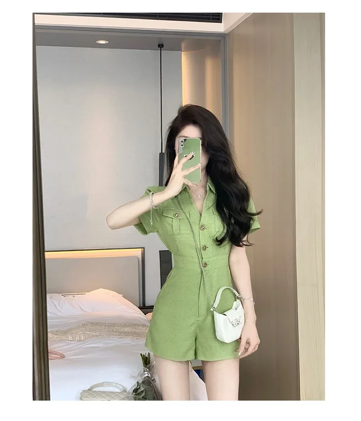 2025 Summer New Women Turn Down Collar Short Jumpsuits Female Solid Color Loose Shorts Ladies Short Sleeve Wide Leg Rompers P68 - Image 6