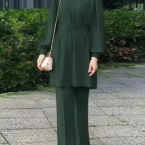 Arab Women Eid Muslim Two Pieces Set Lace-up Blouse & Pant Musulman Ensemble Belt Matching Sets Button Shirt Femme Abaya Ramadan