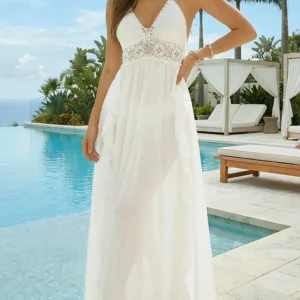White Vacation Style Summer Beach Long Dress V-Neck Lace Patchwork Sun Protection Cover Suspender Design Hollow Out Sundress