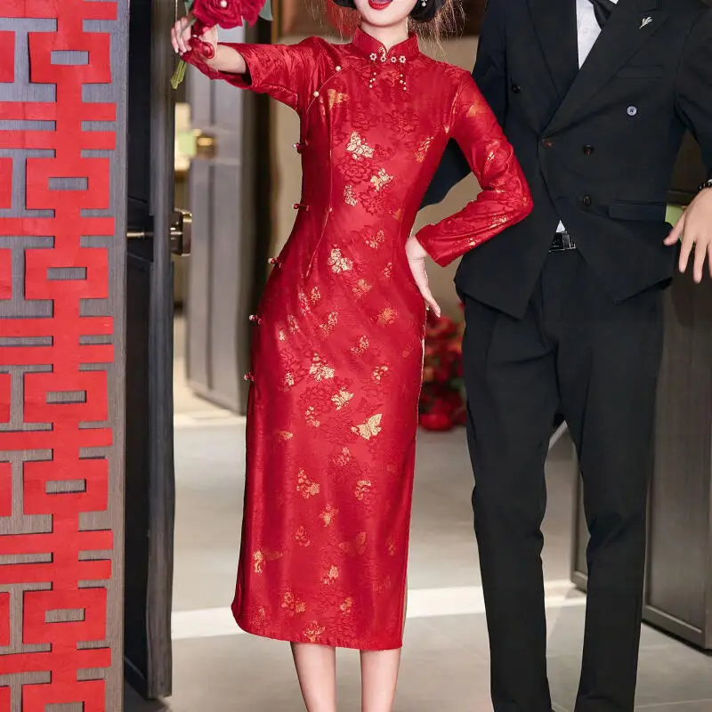 Long Sleeve Improved Qipao Dress Bride Wedding Burgundy Dress Women Sexy Lace Butterfly Chesongam Chinese Banquet Vestidos - Image 4