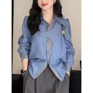 Wearing Fashionable Striped Long-Sleeved Shirts In Spring And Summer Splicing Two Shirts With Irregular Contrast And Covering Me