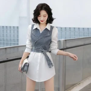 Vest Suit Women's Spring And Summer 2024 Fashionable Ladies Coat Denim Vest+White Shirt Two-Piece Vest