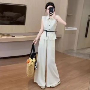 Women's Sleeveless Shirt Wide Leg Pants Two-Piece Set Fashion Lapel Button Top High Waist Trousers With Belt Casual Commute
