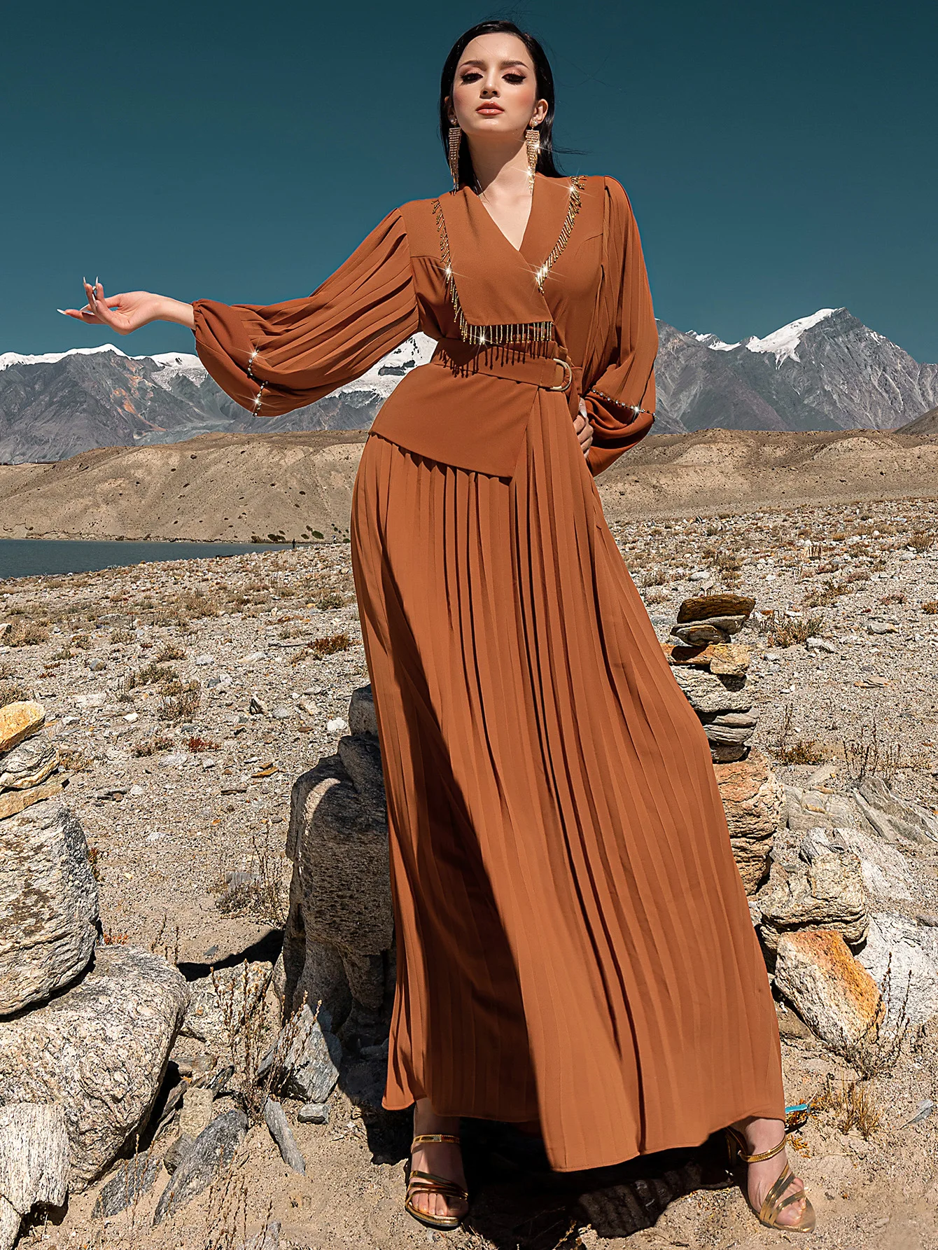 Fashion Women Diamonds Pleated Maxi Dress Lapel Abaya Dubai Kaftan Eid Ramadan Muslim Dresses Turkey Robe Femme Vestidos Caftan - Image 5