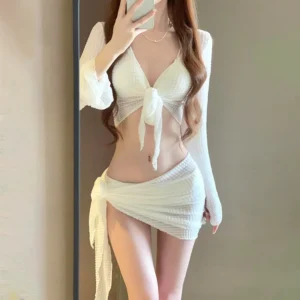Long Sleeve Knitted Swimwear 4 Piece Set Feminine Push Up Chest Bikini Set Gathering Beach Vacation Bathing Suit for Women