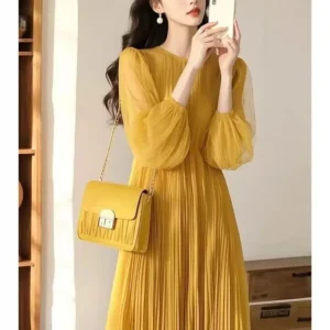 French Dress for Women with Exquisite High-end Feel Loose Slim Blue Chiffon Round Neck Long-sleeved Skirt