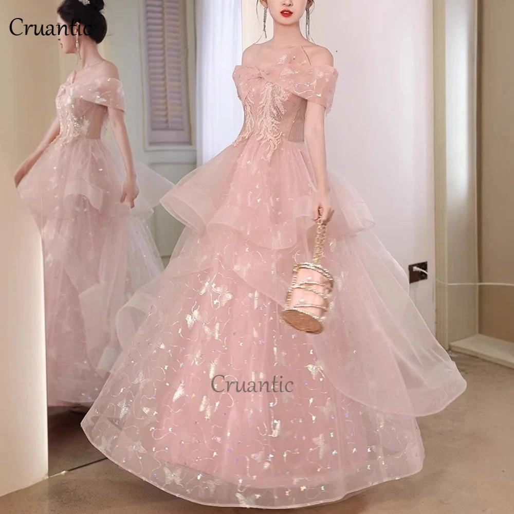 Luxury Pink Tulle Pleated Prom Dress Shiny Sequines Off The Shoulder Bridesmaid Dress For Wedding Sweet Women Long Evening Gowns - Image 4