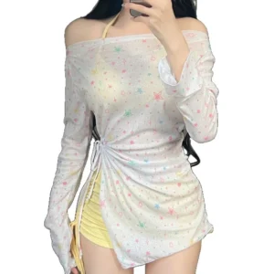 Women Three Piece Bikini Set Star Pattern Long Sleeve Sun Protection Cover Up Flat Leg for Beach Pool Vacation Swimming Conserva