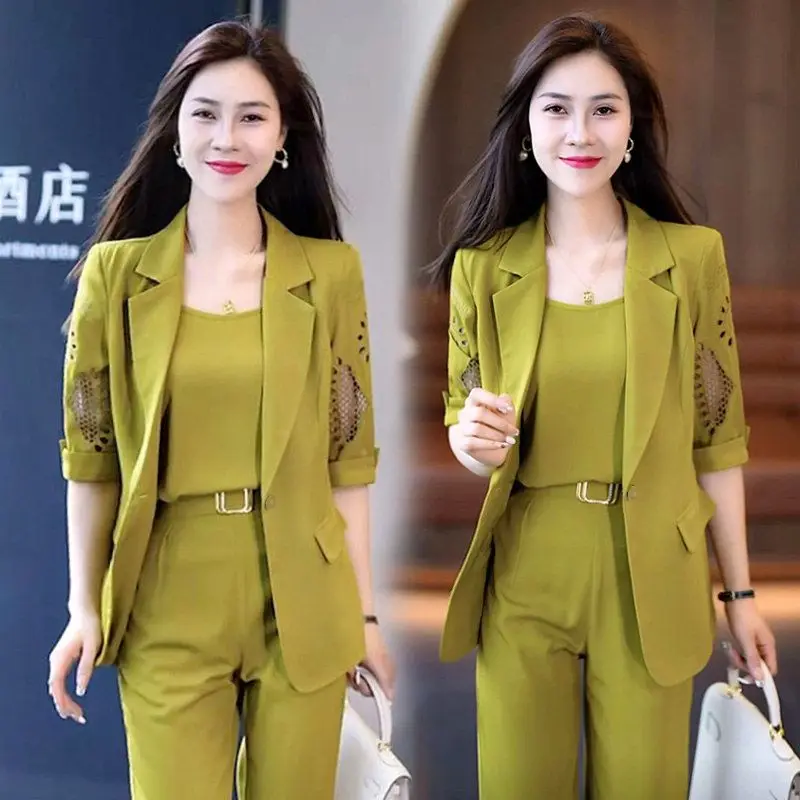 2025 Autumn New Vintage Hollow Short Sleeve Jacket with Tank Top Casual Pants Three Piece Elegant Women's Pants Suit Office Set - Image 8