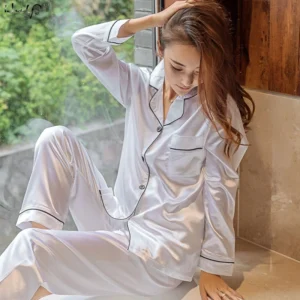 Women's Sleepwear Simple Satin Pajama Set Long Sleeve Buttons Lapel Top With Elastic Pants Loungewear Nightwear 2 Piece Nighty