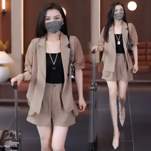 Women's Summer Fashion Thin Professional Suit Matching Set 2025 Korean Elegant Casual Short Sleeved Blazers+shorts Two-piece