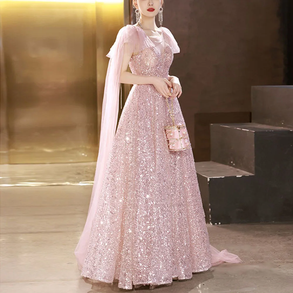 Luxury Tulle A-Line Evening Dresses Elegant Spaghetti Strap With Bow Night Cocktail Dress Sexy V-Neck Sequined Party Dresses