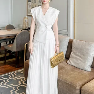 Summer Women's White V-Neck Vest Tops Floral Asymmetrical Hem Blouse Office Lady Sleeveless Slim Shirt Business Formal Occasion