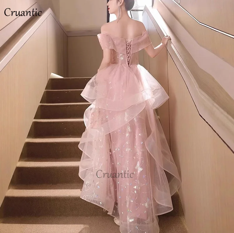 Luxury Pink Tulle Pleated Prom Dress Shiny Sequines Off The Shoulder Bridesmaid Dress For Wedding Sweet Women Long Evening Gowns - Image 2