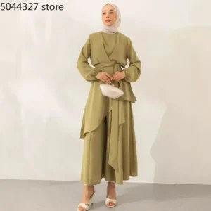 Muslim Two Piece Women Modest Set Top Lace Up Wide Leg Pants Suit Ramadan Morocco Dubai Islam Casual Ensemble Arabic Outfits