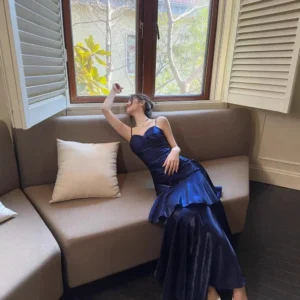 Blue Mermaid Style Birthday Dress with Lace Trim Strapless Gown Adult Ceremony Dress Long Ankle Length V-neckline No-sleeve