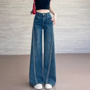 High Waist Wide Leg Jeans For Women Bell Bottom Pants Flared Pants Hotfix Rhinestone Patchwork Dragging Pants