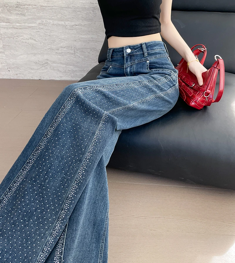 High Waist Wide Leg Jeans For Women Bell Bottom Pants Flared Pants Hotfix Rhinestone Patchwork Dragging Pants - Image 6