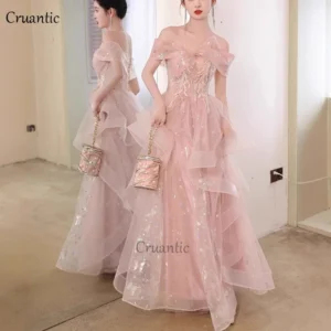 Luxury Pink Tulle Pleated Prom Dress Shiny Sequines Off The Shoulder Bridesmaid Dress For Wedding Sweet Women Long Evening Gowns