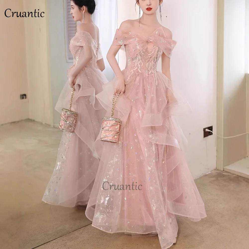 Luxury Pink Tulle Pleated Prom Dress Shiny Sequines Off The Shoulder Bridesmaid Dress For Wedding Sweet Women Long Evening Gowns
