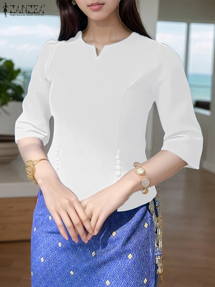 Vintage Blouse Women Spring 3/4 Sleeve Tops Fashion Work Pullovers Casual Loose V Neck Tunic Solid Buttons Blusas ZANZEA 2025 - Image 3